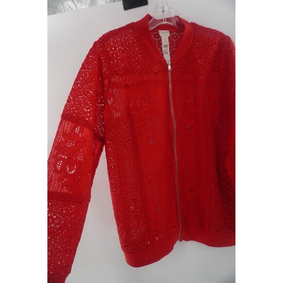 Chico's Women's Cherry Red Thick Floral Lace Crochet Zip Jacket Bomber Size L/2 - Picture 8 of 11